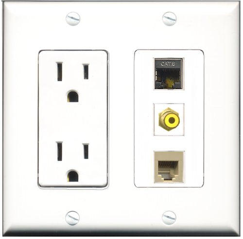 RiteAV - 15 Amp Power Outlet 1 Port RCA Yellow 1 Port Phone Beige 1 Port Shielded Cat6 Ethernet Ethernet Decorative Wall Plate
