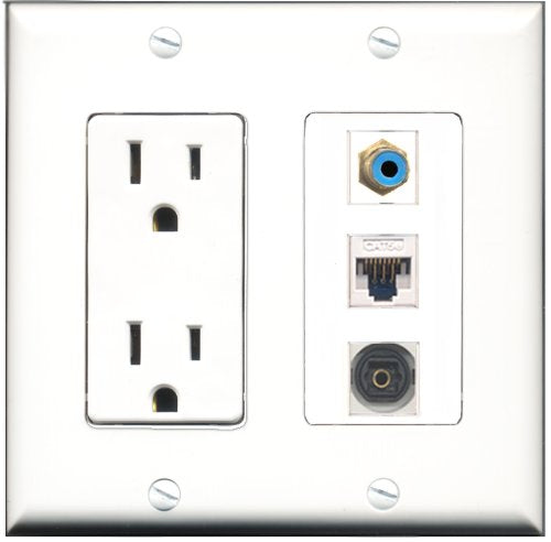 RiteAV - 15 Amp Power Outlet 1 Port RCA Blue 1 Port Toslink 1 Port Cat5e Ethernet White Decorative Wall Plate