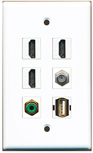 RiteAV - 3 HDMI 1 Port RCA Green 1 Port Coax Cable TV- F-Type 1 Port USB A-A Wall Plate