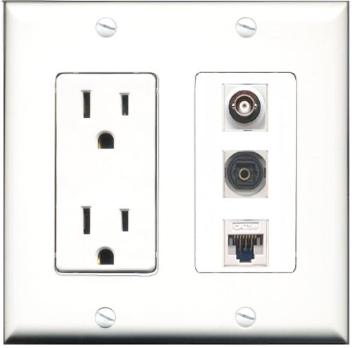 RiteAV - 15 Amp Power Outlet 1 Port Toslink 1 Port BNC 1 Port Cat5e Ethernet White Decorative Wall Plate