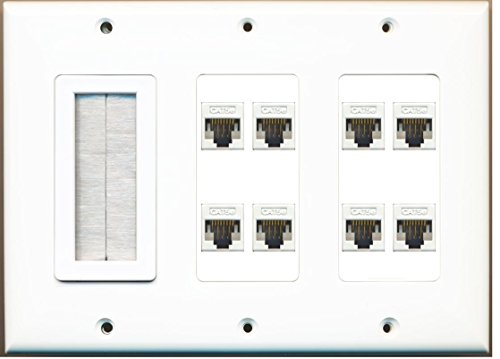 RiteAV - (3 Gang) Mesh-Brush 8 Cat5e White Wall Plate White