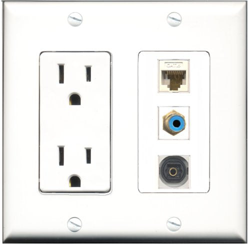 RiteAV - 15 Amp Power Outlet 1 Port RCA Blue 1 Port Toslink 1 Port Cat6 Ethernet Ethernet White Decorative Wall Plate