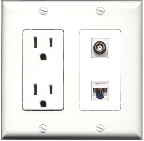 RiteAV - 15 Amp Power Outlet and 1 Port BNC and 1 Port Cat5e Ethernet White Decorative Type Wall Plate White