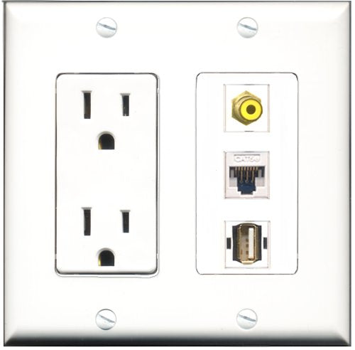 RiteAV - 15 Amp Power Outlet 1 Port RCA Yellow 1 Port USB A-A 1 Port Cat5e Ethernet White Decorative Wall Plate