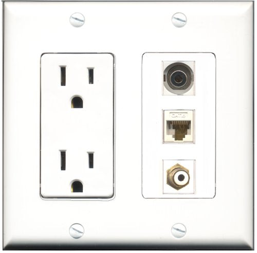 RiteAV - 15 Amp Power Outlet 1 Port RCA White 1 Port 3.5mm 1 Port Cat6 Ethernet Ethernet White Decorative Wall Plate
