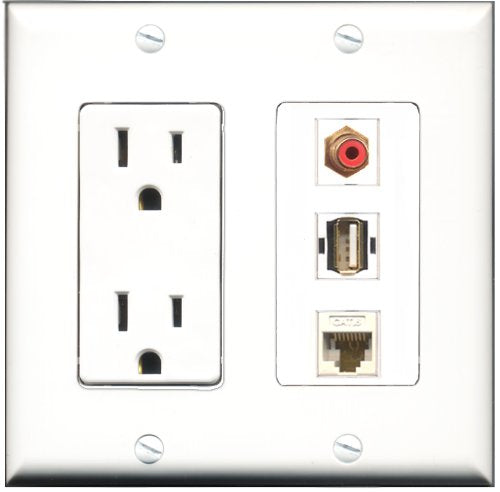 RiteAV - 15 Amp Power Outlet 1 Port RCA Red 1 Port USB A-A 1 Port Cat6 Ethernet Ethernet White Decorative Wall Plate