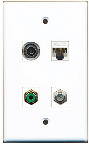 RiteAV - 1 Port RCA Green 1 Port Coax Cable TV- F-Type 1 Port 3.5mm 1 Port Cat5e Ethernet White Wall Plate