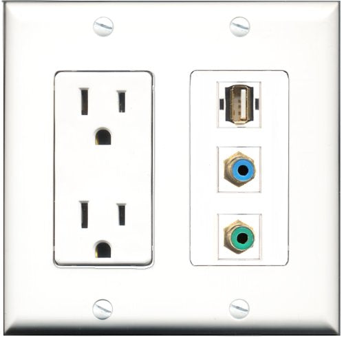 RiteAV - 15 Amp Power Outlet 1 Port RCA Green 1 Port RCA Blue 1 Port USB A-A Decorative Wall Plate