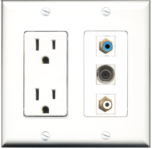 RiteAV - 15 Amp Power Outlet 1 Port RCA White 1 Port RCA Blue 1 Port 3.5mm Decorative Wall Plate