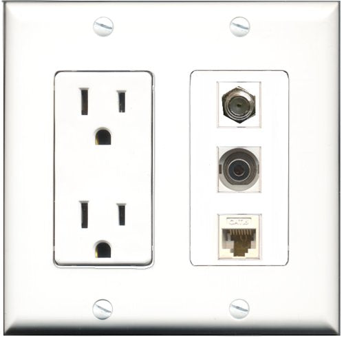 RiteAV - 15 Amp Power Outlet 1 Port Coax 1 Port 3.5mm 1 Port Cat6 Ethernet Ethernet White Decorative Wall Plate