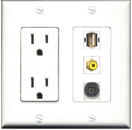RiteAV - 15 Amp Power Outlet 1 Port RCA Yellow 1 Port USB A-A 1 Port Toslink Decorative Wall Plate