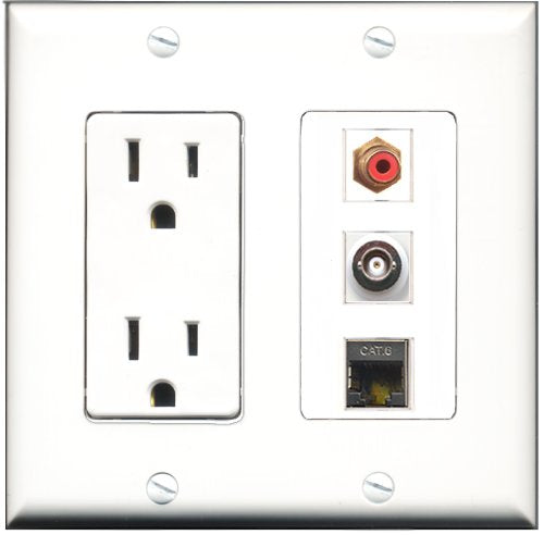 RiteAV - 15 Amp Power Outlet 1 Port RCA Red 1 Port Shielded Cat6 Ethernet Ethernet 1 Port BNC Decorative Wall Plate