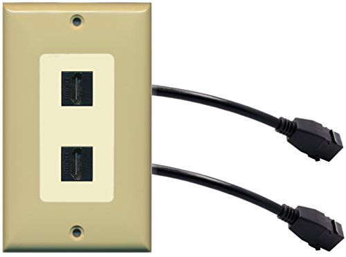 RiteAV (1 Gang Decorative) 2 HDMI Black Wall Plate w/ Pigtail Extension Cable Ivory (Lt. Almond Insert)