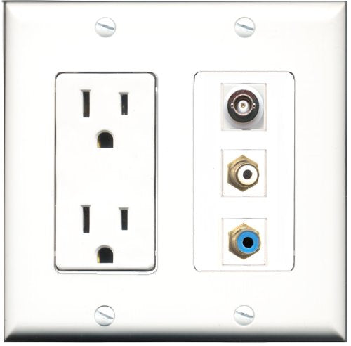 RiteAV - 15 Amp Power Outlet 1 Port RCA White 1 Port RCA Blue 1 Port BNC Decorative Wall Plate