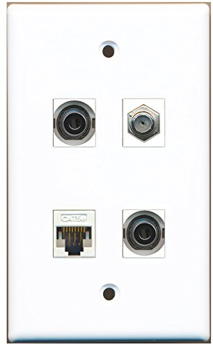 RiteAV - 1 Port Coax Cable TV- F-Type 2 Port 3.5mm 1 Port Cat5e Ethernet White Wall Plate