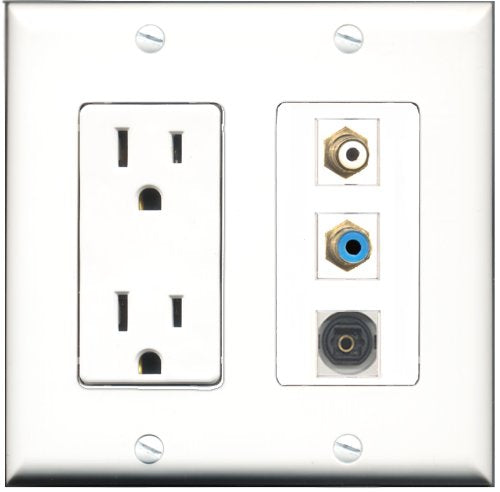 RiteAV - 15 Amp Power Outlet 1 Port RCA White 1 Port RCA Blue 1 Port Toslink Decorative Wall Plate