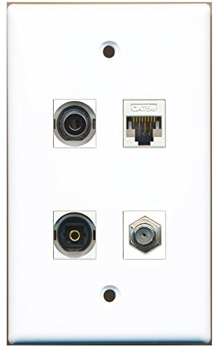 RiteAV - 1 Port Coax Cable TV- F-Type 1 Port Toslink 1 Port 3.5mm 1 Port Cat5e Ethernet White Wall Plate