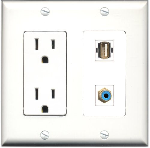 RiteAV - 15 Amp Power Outlet and 1 Port RCA Blue and 1 Port USB A-A Decorative Type Wall Plate White