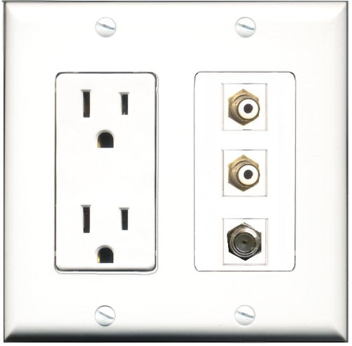 RiteAV - 15 Amp Power Outlet 2 Port RCA White 1 Port Coax Decorative Wall Plate