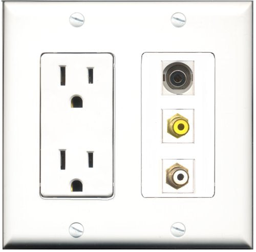 RiteAV - 15 Amp Power Outlet 1 Port RCA White 1 Port RCA Yellow 1 Port 3.5mm Decorative Wall Plate
