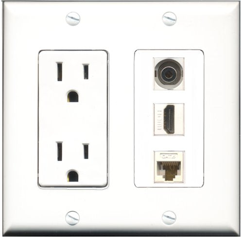 RiteAV - 15 Amp Power Outlet 1 Port HDMI 1 Port 3.5mm 1 Port Cat6 Ethernet Ethernet White Decorative Wall Plate