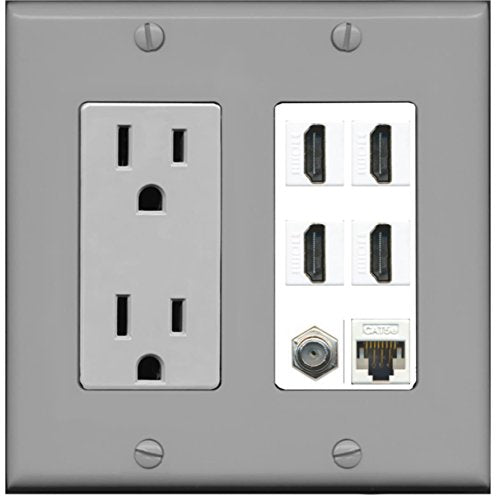 RiteAV 15A Power Outlet, 4 HDMI, 1 Cat5e Ethernet, 1 Coax Cable TV Wall Plate - Gray Outlet/White Insert