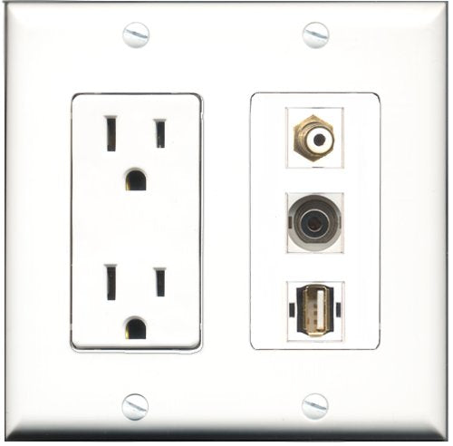 RiteAV - 15 Amp Power Outlet 1 Port RCA White 1 Port USB A-A 1 Port 3.5mm Decorative Wall Plate