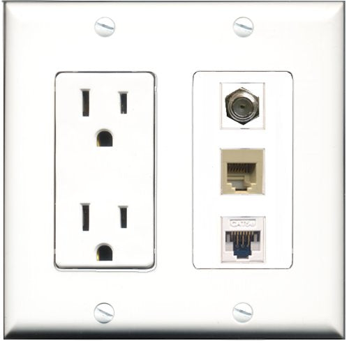 RiteAV - 15 Amp Power Outlet 1 Port Coax 1 Port Phone Beige 1 Port Cat5e Ethernet White Decorative Wall Plate