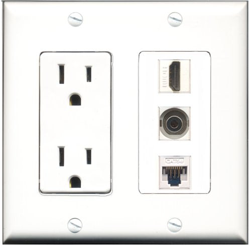 RiteAV - 15 Amp Power Outlet 1 Port HDMI 1 Port 3.5mm 1 Port Cat5e Ethernet White Decorative Wall Plate