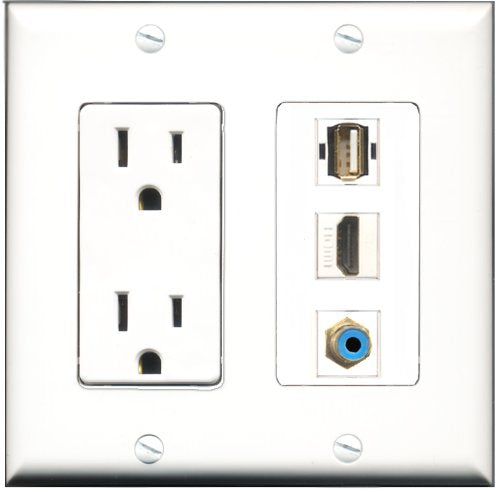 RiteAV - 15 Amp Power Outlet 1 Port HDMI 1 Port RCA Blue 1 Port USB A-A Decorative Wall Plate