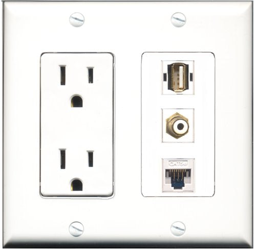 RiteAV - 15 Amp Power Outlet 1 Port RCA White 1 Port USB A-A 1 Port Cat5e Ethernet White Decorative Wall Plate