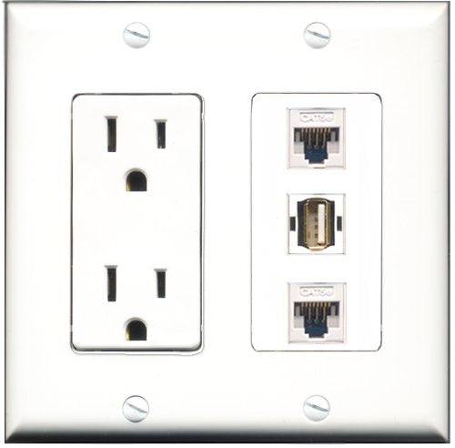 RiteAV - 15 Amp Power Outlet 1 Port USB A-A 2 Port Cat5e Ethernet White Decorative Wall Plate