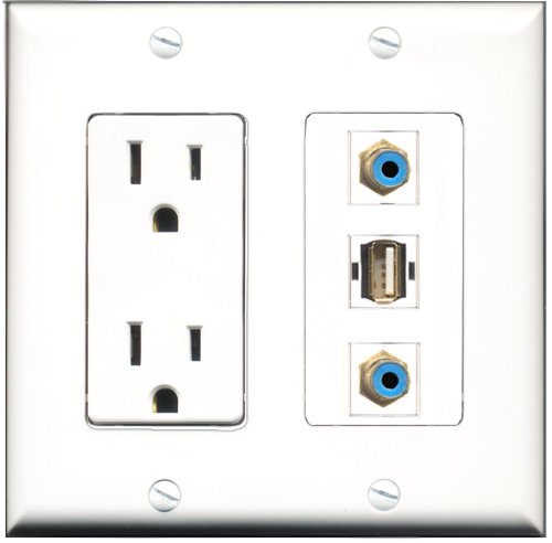 RiteAV - 15 Amp Power Outlet 2 Port RCA Blue 1 Port USB A-A Decorative Wall Plate