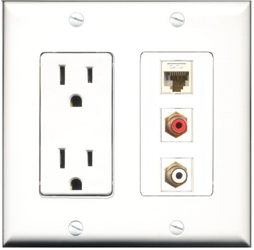 RiteAV - 15 Amp Power Outlet 1 Port RCA Red 1 Port RCA White 1 Port Cat6 Ethernet Ethernet White Decorative Wall Plate