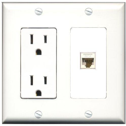RiteAV - 15 Amp Power Outlet and 1 Port Cat6 Ethernet White Decorative Type Wall Plate White