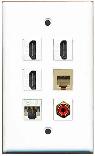 RiteAV - 3 HDMI 1 Port RCA Red 1 Port Phone RJ11 RJ12 Beige 1 Port Cat5e Ethernet White Wall Plate