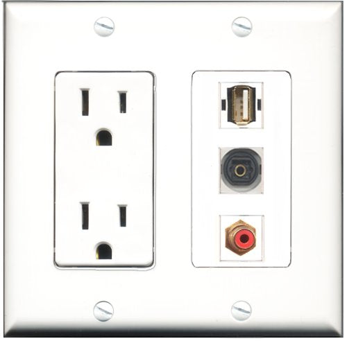 RiteAV - 15 Amp Power Outlet 1 Port RCA Red 1 Port USB A-A 1 Port Toslink Decorative Wall Plate