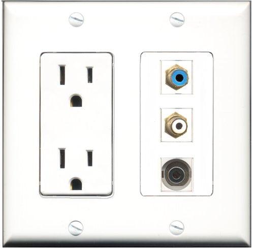 RiteAV - 15 Amp Power Outlet 1 Port RCA White 1 Port RCA Blue 1 Port 3.5mm Decorative Wall Plate
