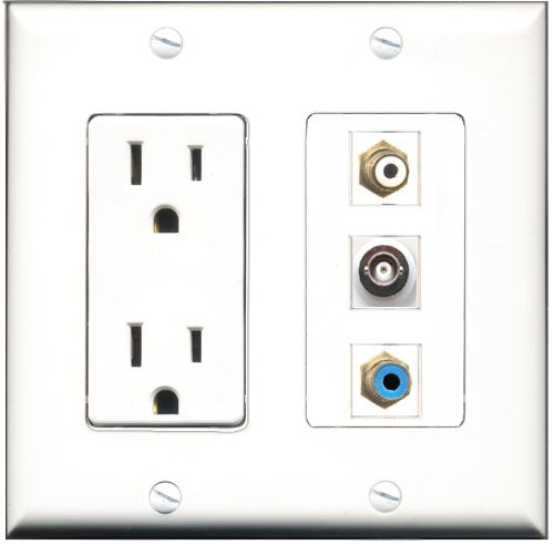RiteAV - 15 Amp Power Outlet 1 Port RCA White 1 Port RCA Blue 1 Port BNC Decorative Wall Plate