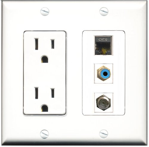 RiteAV - 15 Amp Power Outlet 1 Port RCA Blue 1 Port Coax 1 Port Shielded Cat6 Ethernet Ethernet Decorative Wall Plate