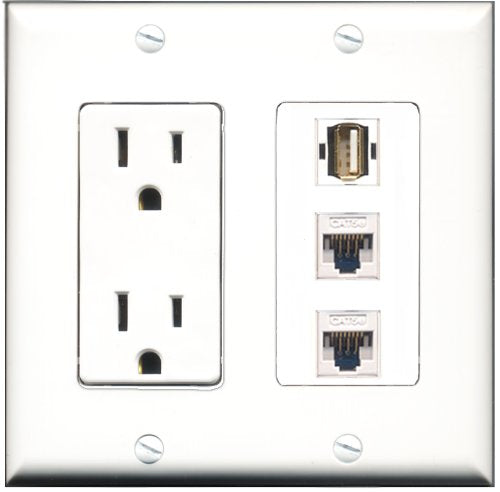 RiteAV - 15 Amp Power Outlet 1 Port USB A-A 2 Port Cat5e Ethernet White Decorative Wall Plate