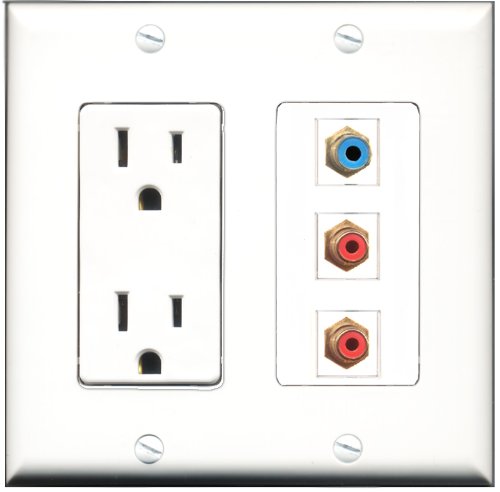 RiteAV - 15 Amp Power Outlet 2 Port RCA Red 1 Port RCA Blue Decorative Wall Plate