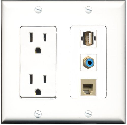 RiteAV - 15 Amp Power Outlet 1 Port RCA Blue 1 Port USB A-A 1 Port Phone Beige Decorative Wall Plate