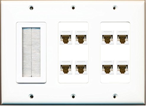 RiteAV - (3 Gang) Mesh-Brush 8 Cat6 White Wall Plate White