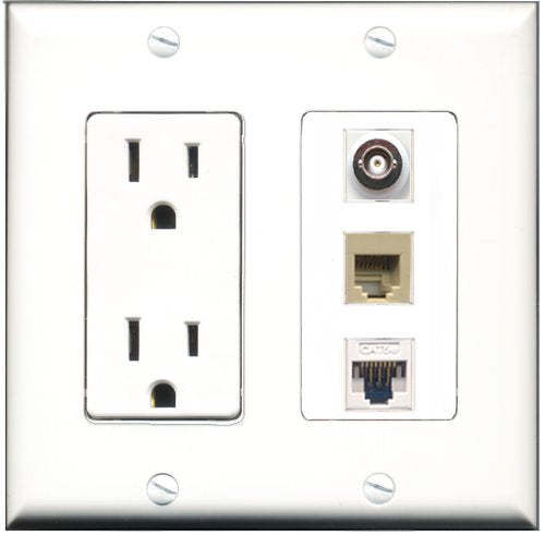 RiteAV - 15 Amp Power Outlet 1 Port Phone Beige 1 Port BNC 1 Port Cat5e Ethernet White Decorative Wall Plate