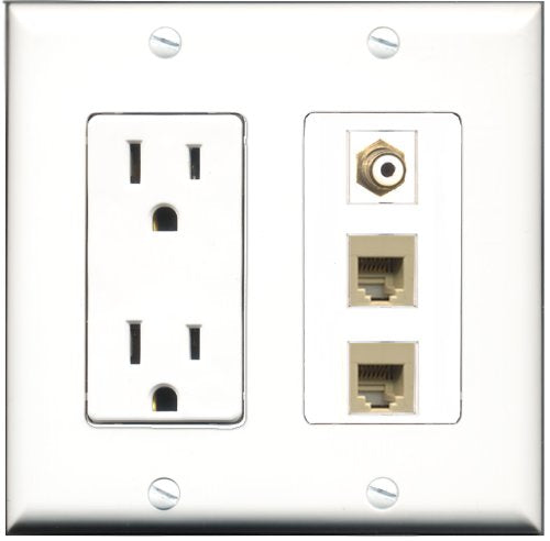 RiteAV - 15 Amp Power Outlet 1 Port RCA White 2 Port Phone Beige Decorative Wall Plate