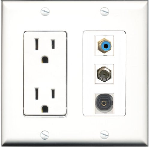 RiteAV - 15 Amp Power Outlet 1 Port RCA Blue 1 Port Coax 1 Port Toslink Decorative Wall Plate