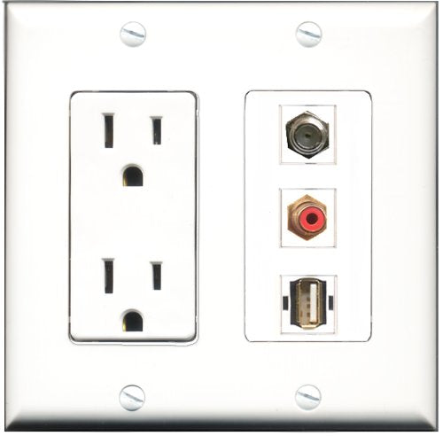 RiteAV - 15 Amp Power Outlet 1 Port RCA Red 1 Port Coax 1 Port USB A-A Decorative Wall Plate