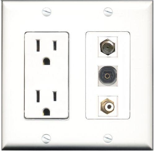 RiteAV - 15 Amp Power Outlet 1 Port RCA White 1 Port Coax 1 Port Toslink Decorative Wall Plate