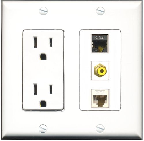 RiteAV - 15 Amp Power Outlet 1 Port RCA Yellow 1 Port Shielded Cat6 Ethernet Ethernet 1 Port Cat6 Ethernet Ethernet White Decorative Wall Plate